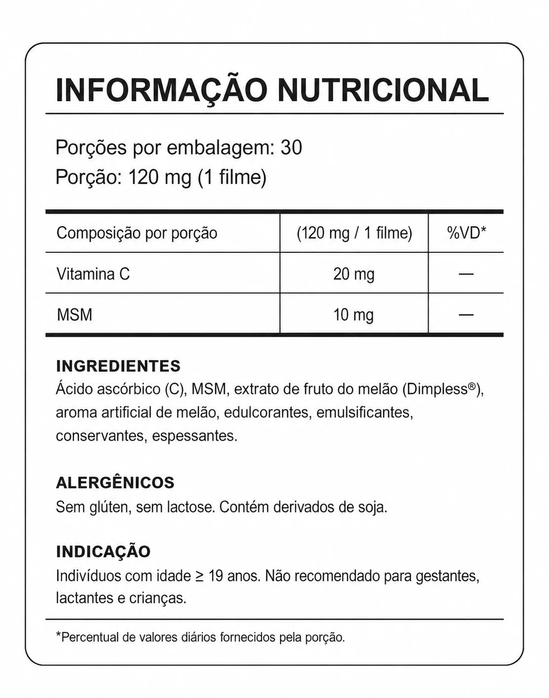 Tabela nutricional do NutraCell