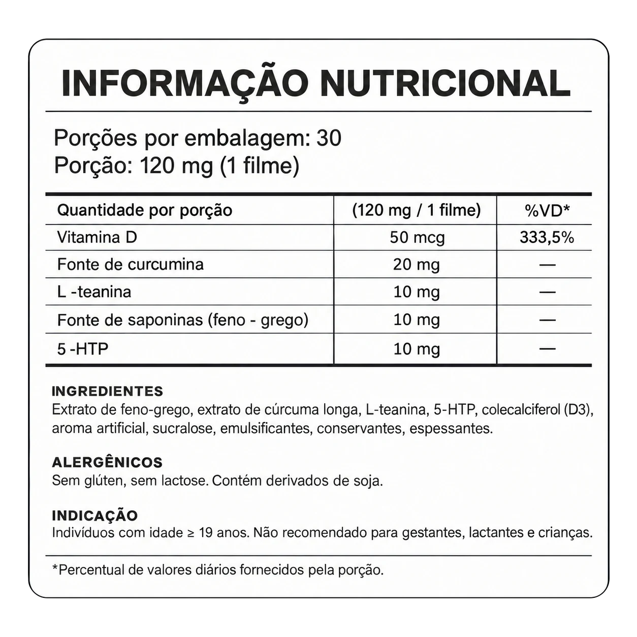Tabela nutricional do NutraCycle