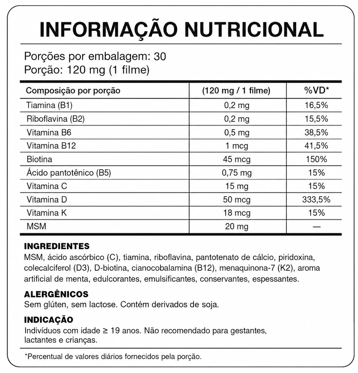 Tabela nutricional do NutraFol