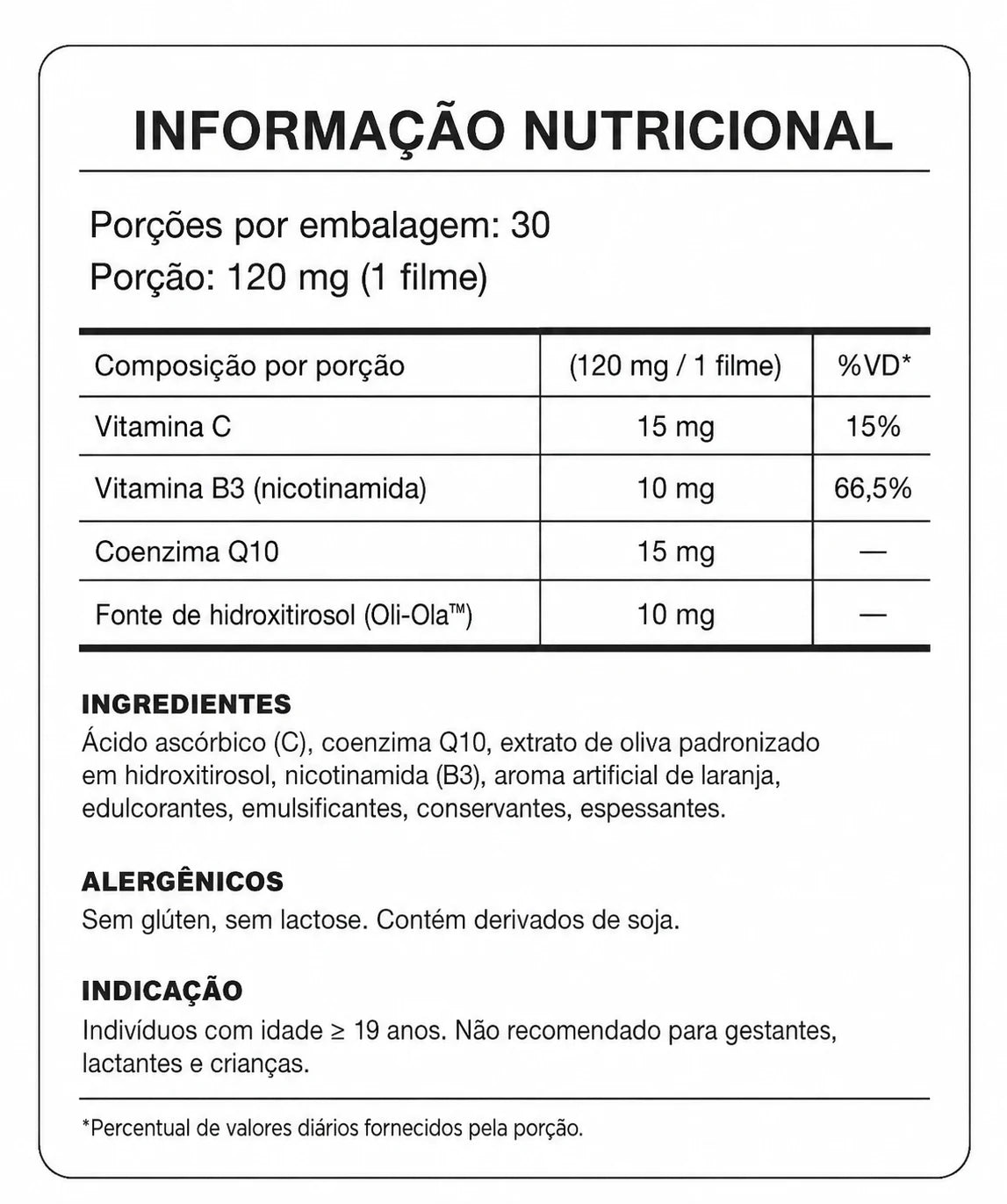 Tabela nutricional do NutraLift