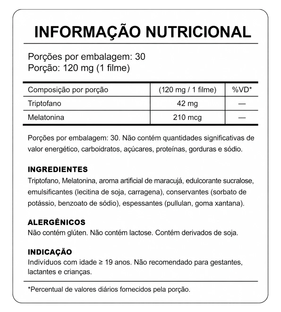Tabela nutricional do NutraZen
